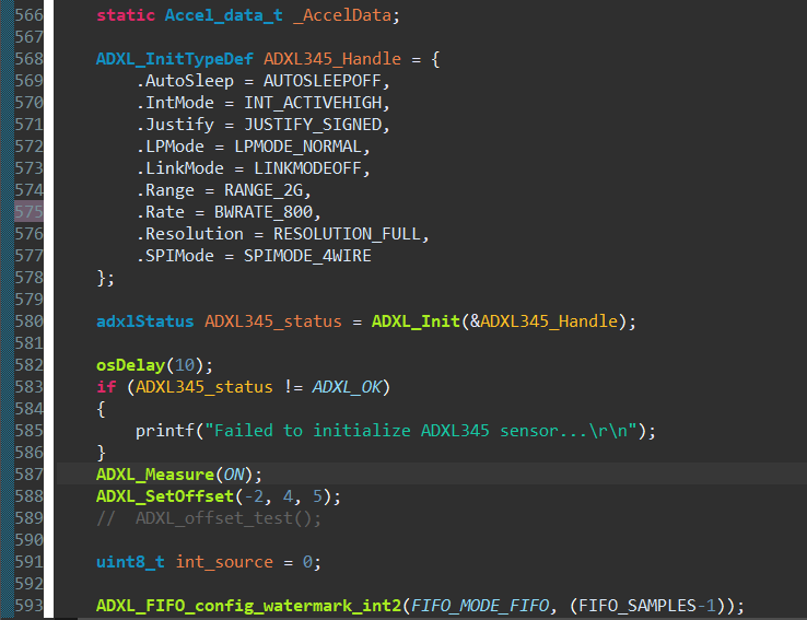 ADXL345 accelerometer initialization code