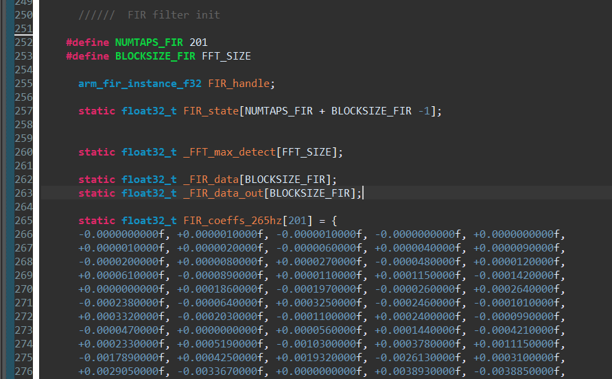 FIR filter coefficients for 265 Hz